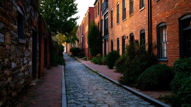 A narrow cobblestone alley flanked by historic brick and stone buildings with greenery and warm lighting