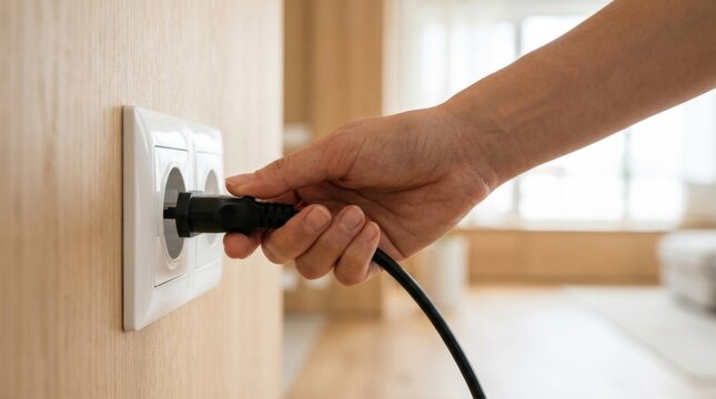 Close-up of a woman's hand putting an electric plug cable into a wall socket.