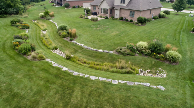 Aerial view of effective yard drainage solutions installed in a suburban residential backyard with swales and rock