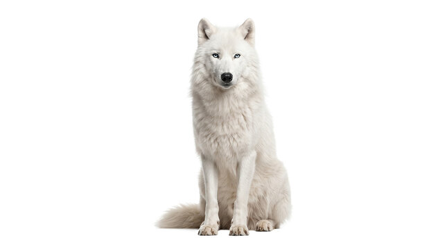 Majestic Arctic Wolf with Striking Blue Eyes Sits Proudly Against a Clean White Background