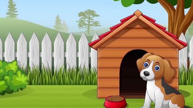 Cute beagle puppy sitting outside wooden doghouse with bowl of food in green animated backyard scene video