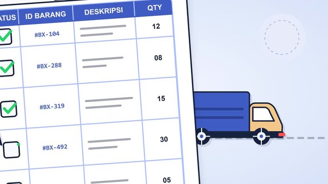Flat vector animation featuring a delivery truck positioned forward unloading cargo boxes from the rear, with a synced clipboard table checklist and pencil.
