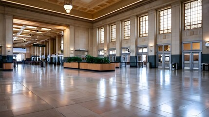 Obraz premium A grand empty train station hall with polished floors tall and decorative architectural details under bright daylight
