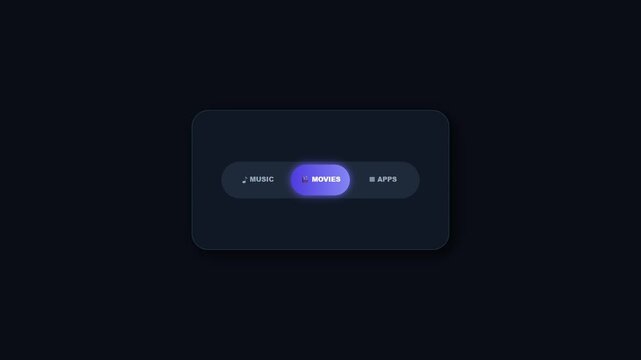 Smooth sliding motion of a glowing purple selector across a dark glassmorphic navigation pill featuring music movies and apps icons for tech UI.