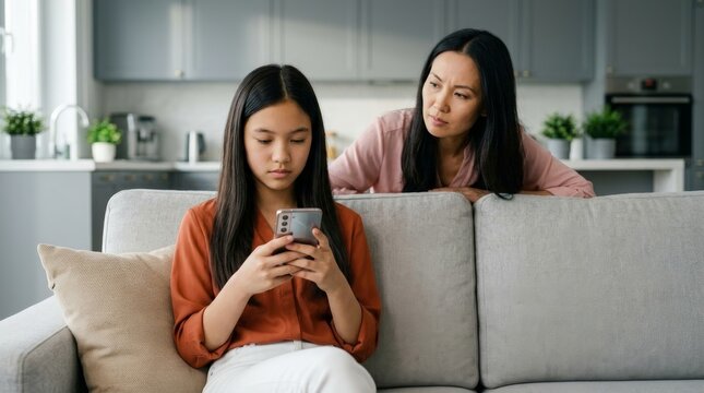 A curious mother spying on her teenage daughter using a smartphone on a sofa at home.