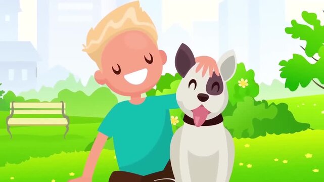 Happy blonde boy petting his cute loyal dog outdoors in park vector motion graphic video animation