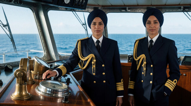 Two professional female ship captains in dark blue uniforms with gold stripes, turbans stand on vessel bridge. Indian women officers command large maritime ship. Look ahead navigating ocean waves