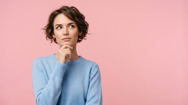 Focused smart girl thinking and touching her chin while looking up with copyspace.