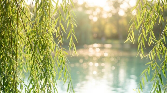 Serene weeping willow branches rustling in a gentle breeze near a calm pond.