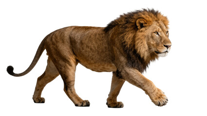 Majestic male lion with full mane walking, isolated on transparent background © Cian