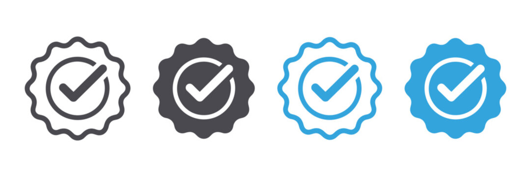blue checkmark verified badge icon set for approval trust certification and quality assurance