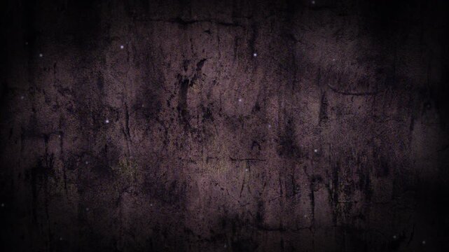 Dark violet grunge plaster wall background with floating glowing dust particles, mystical spooky horror atmosphere, weathered distressed concrete texture for haunted cinematic title overlay