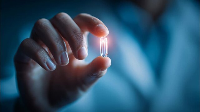 Scientist holding small glowing futuristic biochip capsule in dark laboratory