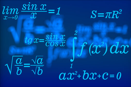 Bright cyan math notation spans dark blue backdrop, including algebraic, calculus, and trigonometric expressions. Abstract layout feels modern and cerebral, evoking education, research, and calm