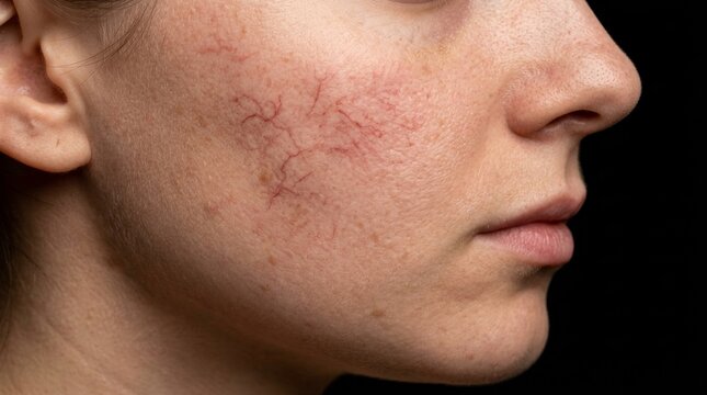 Close up of a woman's face showing broken capillaries on the cheek for skincare and health.