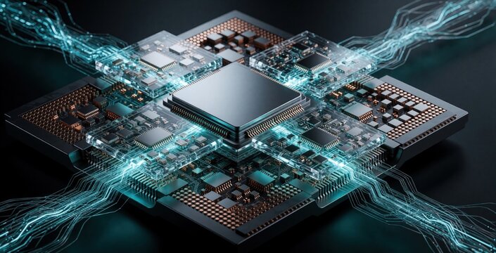 Cross section of microchip package shows photonic chiplets, optical waveguides. Integrated circuit with light signal paths. Advanced semiconductor tech uses light for data transfer. High speed