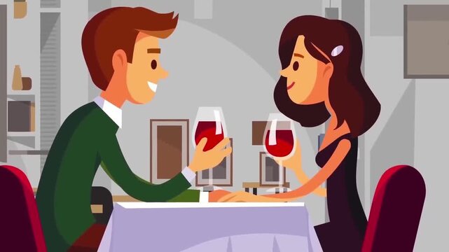Romantic couple enjoying dinner date with red wine glasses in restaurant vector animation motion footage