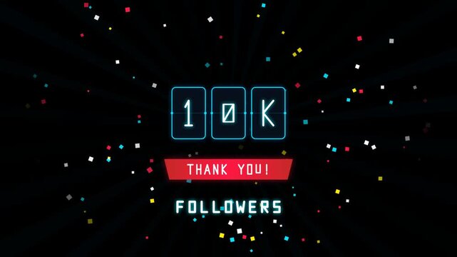 10k followers thank you animation with colorful confetti falling on a black background