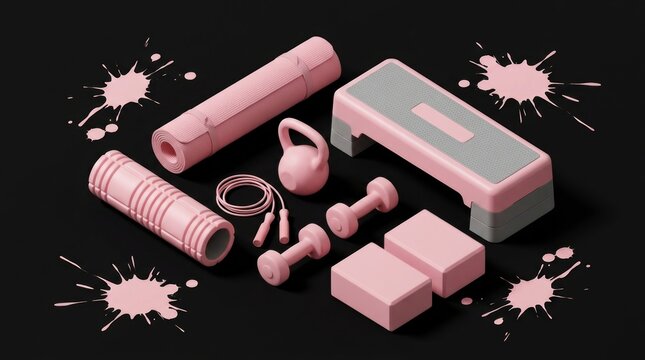Pink home fitness equipment set featuring a yoga mat, kettlebell, and dumbbells.
