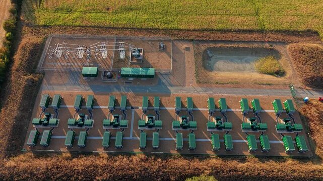 Top down aerial view of utility battery energy storage systems for grid stability near Northampton, UK