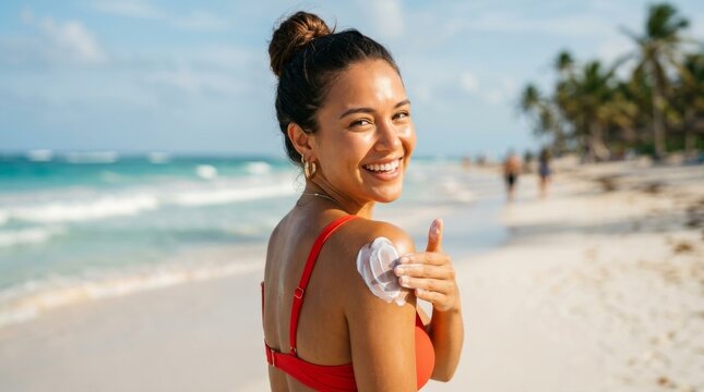 A young woman applying sunscreen on her back at a tropical beach.