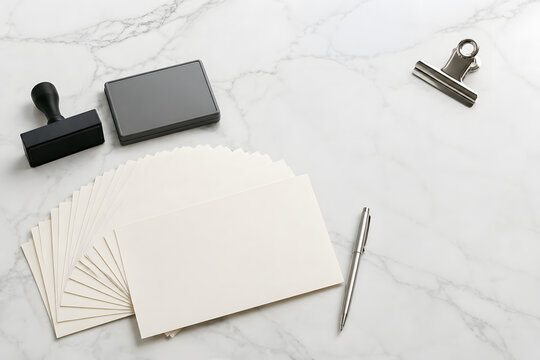 Minimal invoice approval tools with blank cards on white stone
