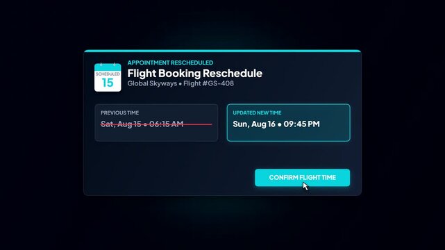 Flight Booking Reschedule Notification. Travel Schedule Update Popup. Airline Booking Interface. Updated Date And Time. Dark Mode Mobile UI. Travel Confirmation Alert. Animated App Interface