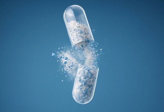 Open transparent medical capsule with blue and white powder particles spilling out on blue background