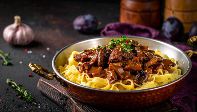 Russian Beef Stroganoff over Egg Noodles in Vintage Copper Pan