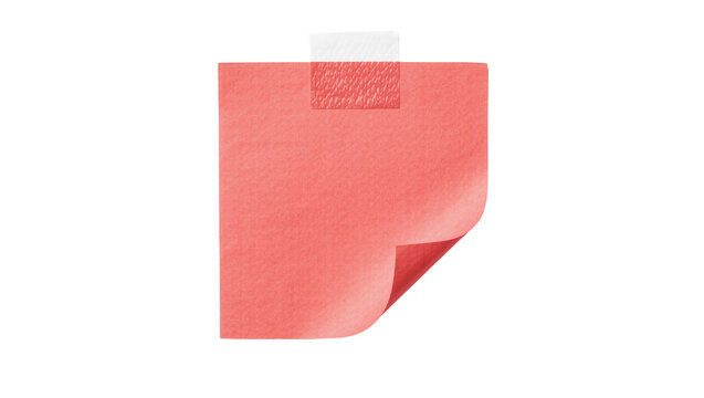 Coral pink sticky note with a curled corner taped with clear tape, isolated on transparent background