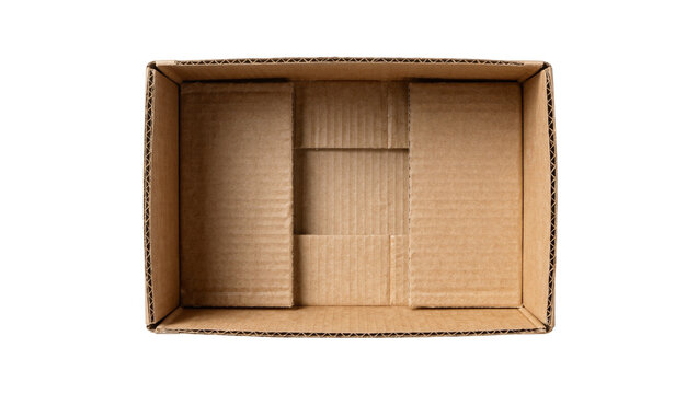 Empty brown corrugated cardboard box with internal dividers, isolated on transparent background