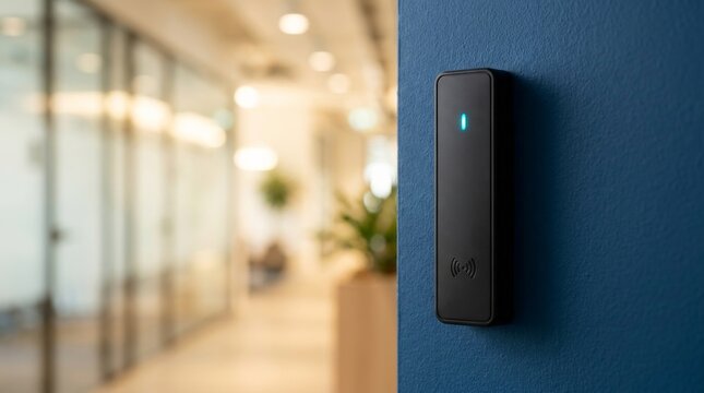 Modern access control system with a glowing NFC sensor on a blue wall in an office.