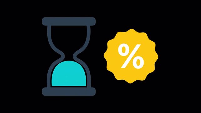Minimalist graphic icon of an hourglass and a percentage sign appearing on a transparent background screen