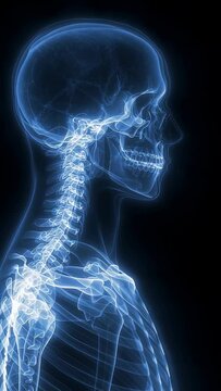 Glowing digital radiograph of human head neck and shoulders skeleton