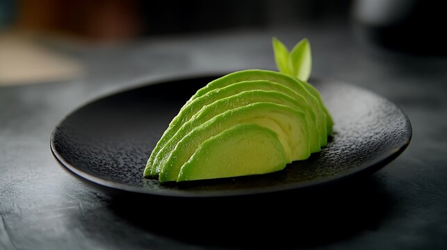 Freshly sliced avocado arranged in a fan shape on a modern black matte plate, highlighting healthy eating and gourmet food presentation