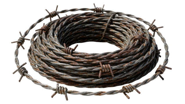 Coiled rusty barbed wire with sharp spikes, isolated on transparent background