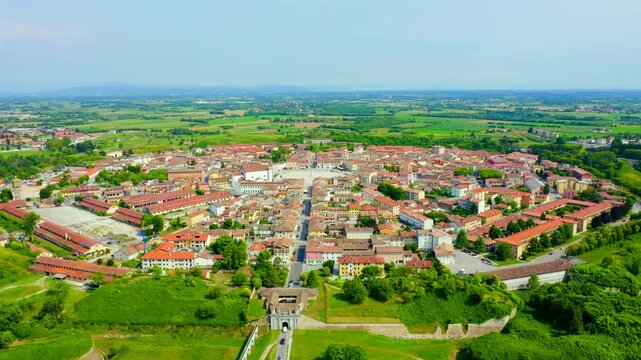 Palmanova, Udine, Italy. An exemplary fortification project of its time was laid down in 1593. Drone footage