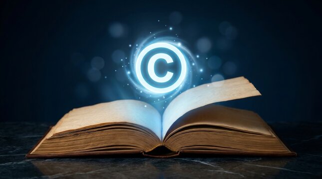 An open book with a glowing copyright symbol floating above it to represent intellectual property rights.