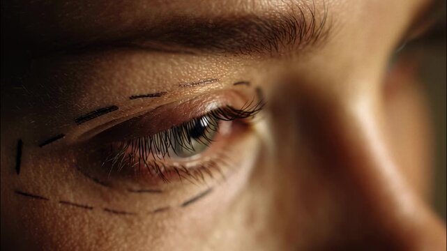 Close up of eye with surgical markings before blepharoplasty operation