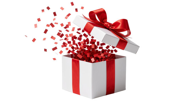 White gift box with red ribbon and confetti exploding, isolated on transparent background
