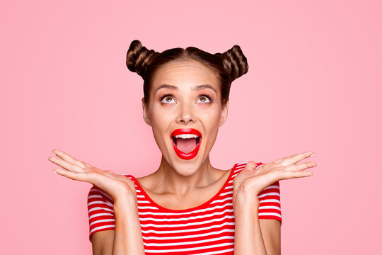 So excited and positive girl isolated on red background loud laughs raising her head and hands up. Concept of advertising, sale and discount isolated on red background