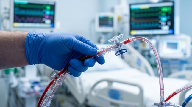 Perfusionist priming an ECMO circuit with oxygenator tubing next to a pediatric bed.
