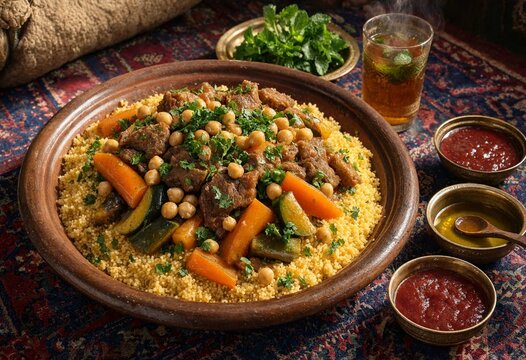 Traditional Moroccan Lamb Couscous Served with Vegetables and Chickpeas in a Clay Tagine