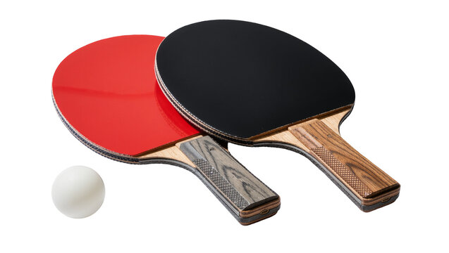 Red and black ping pong paddles with white ball, isolated on transparent background