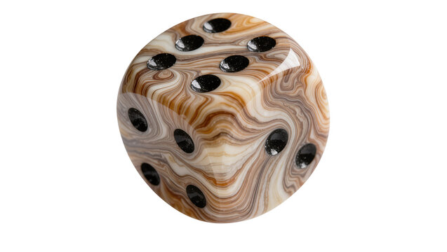 Swirled brown and cream dice with black pips, isolated on transparent background