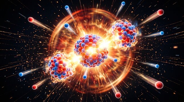 Nuclear fission reaction with glowing atoms and energy