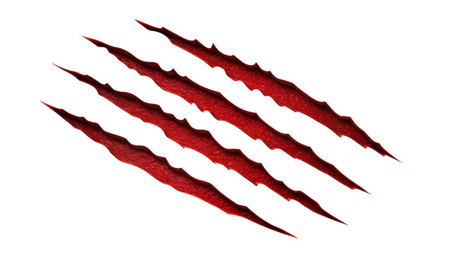 Jagged red claw marks bloody scratches, isolated on transparent background