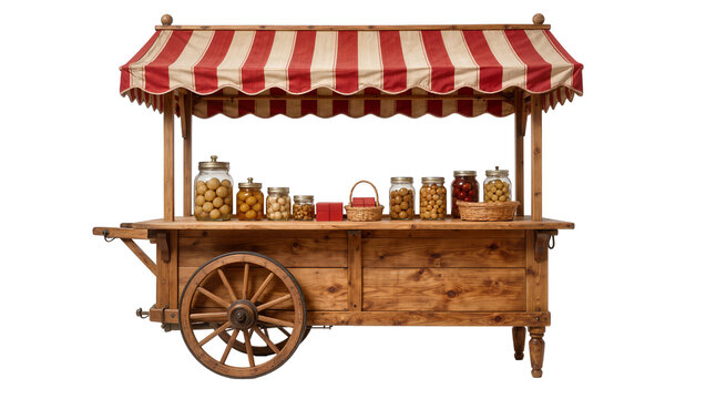 Rustic wooden market cart with striped awning and jars of food, isolated on transparent background