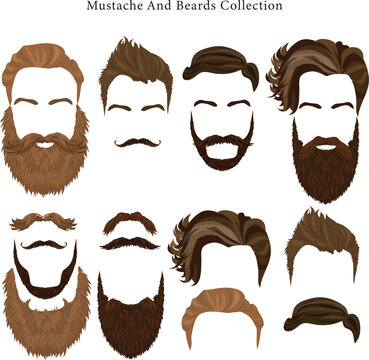 Mustache and Beards Collection Vector Set with Male Hairstyles, Facial Hair, and Eyebrows for Barbershop Branding and Avatar Design