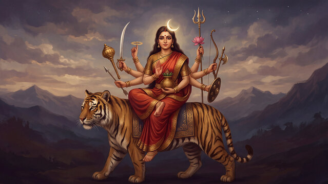 Maa Chandraghanta portrayed as a graceful divine warrior seated upon a magnificent golden-brown tiger, 
